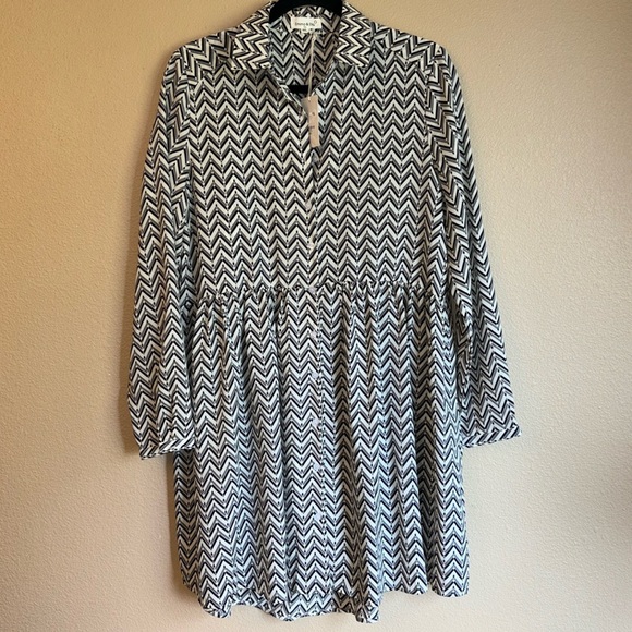 NEW! EMMA & ELLA M/L Long Sleeve Button Front Dress Gray Black Ivory Chevron - Picture 13 of 13